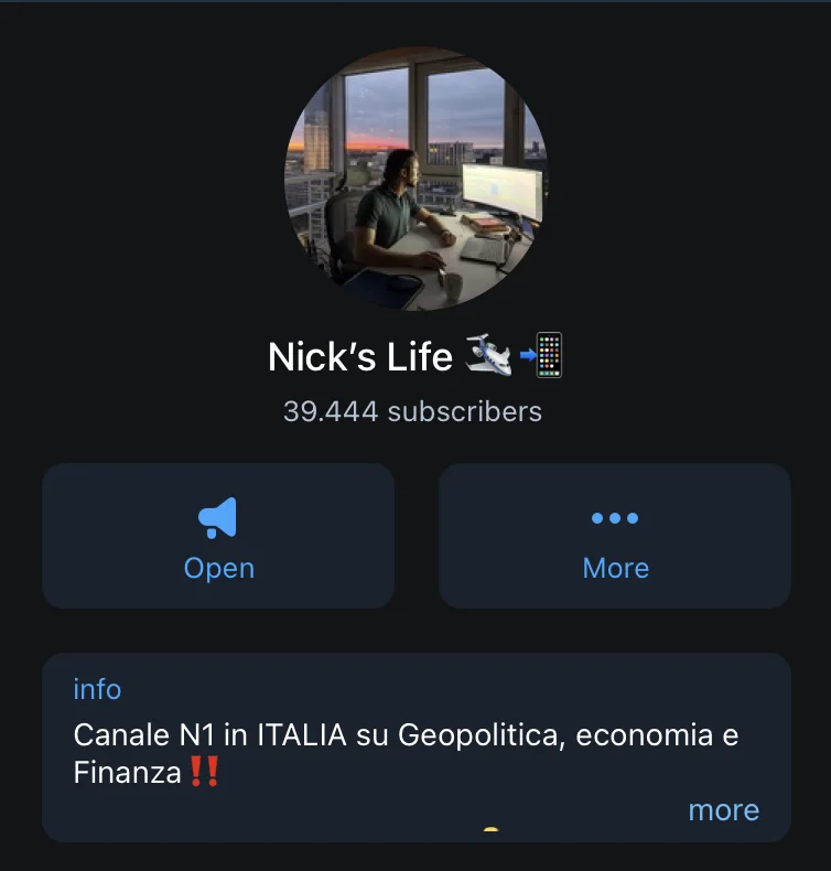 Il canale Telegram Nick's Life con oltre 39.000 iscritti