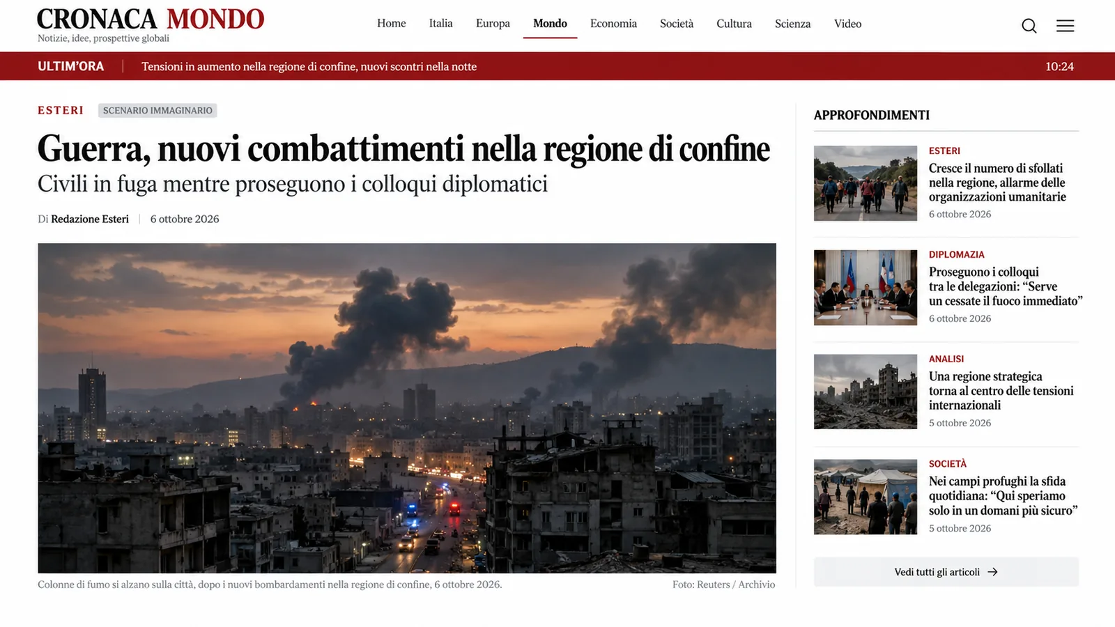Un sito di news con la notizia di nuovi combattimenti al confine