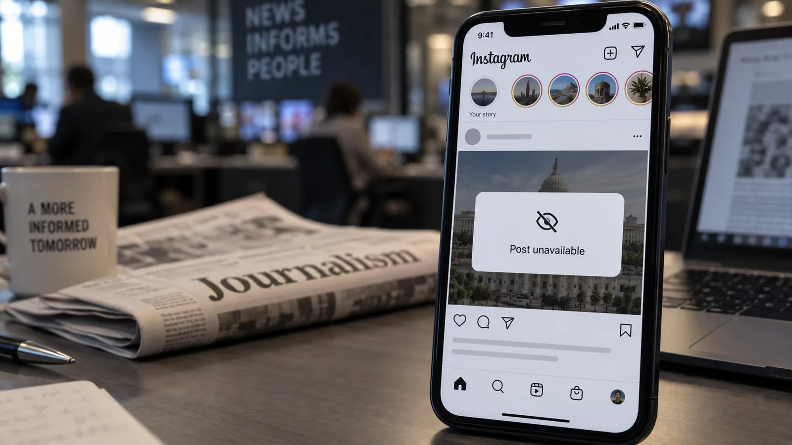 Un quotidiano accanto a un post Instagram oscurato